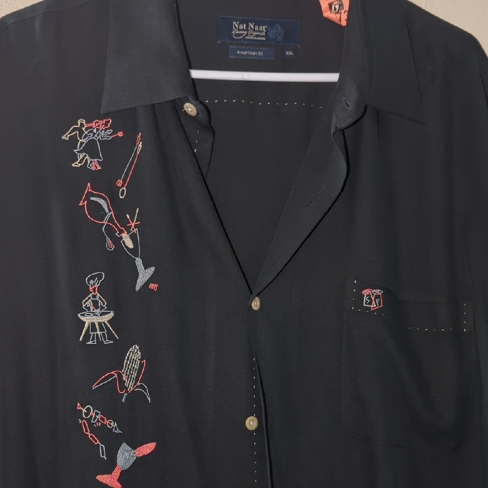 Nat Nast Black Embroidered Casual Shirt BBQ Limited Design #291